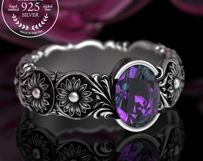 Alexandrite Western Bridal Ring, Sterling Southwest Engagement Ring, Silver Sunflower Bride Jewelry, Oval Solitaire Ring, Bezel Wedding 5064