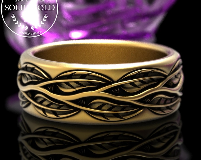 Men's Gold Botanical Leaves Ring, 18K White Gold Groom's Tree Branch Wedding Band, 14K Rose Gold Life Partner Ring, Nature Jewelry, 2057
