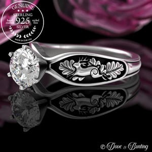 Jackalope Engagement Ring, 1 Carat Moissanite Antler Rabbit Wedding Ring, Sterling Silver Jackrabbit Solitaire Ring, Forest Hare Bunny, 5528