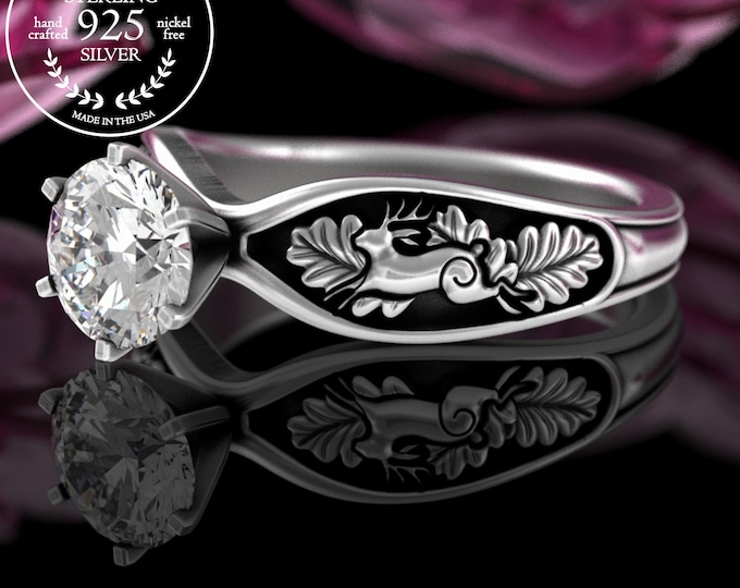Jackalope Engagement Ring, 1 Carat Moissanite Antler Rabbit Wedding Ring, Sterling Silver Jackrabbit Solitaire Ring, Forest Hare Bunny, 5528