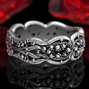 Lily of the Valley Wedding Ring, Sterling Art Nouveau Ring, Lillies Wedding Ring, Wedding Ring with Lily, Floral Wedding Band DB325-R1