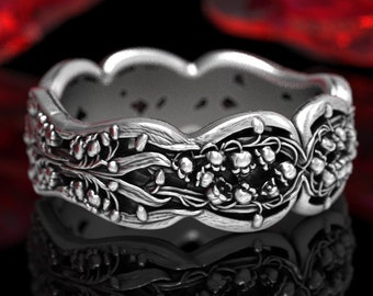 Lily of the Valley Wedding Ring, Sterling Art Nouveau Ring, Lillies Wedding Ring, Wedding Ring with Lily, Floral Wedding Band DB325-R1