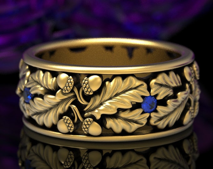 Sapphire & Gold Wedding Band, Leaf Wedding Ring, White Gold Leaf Ring, Oak Tree Ring, Nature Ring, Forest Wedding Ring, Acorn Ring, 1611