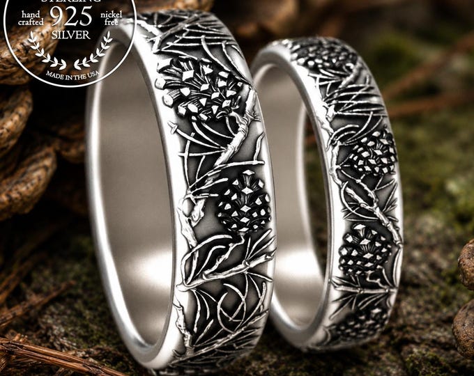 Matching Mountain Forest Wedding Ring Set, Sterling Bride Groom Pinecone Rings, Silver Anniversary Pine Needle Rings, Tree Jewelry 2061 2062