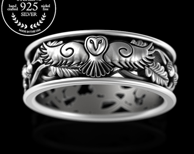 Owl Wedding Band, Mens Sterling Flying Owl Ring, Silver Barn Owl Wedding Ring, Woodland Bird Nature Ring, Man Great-Horned Owl Ring, 5525