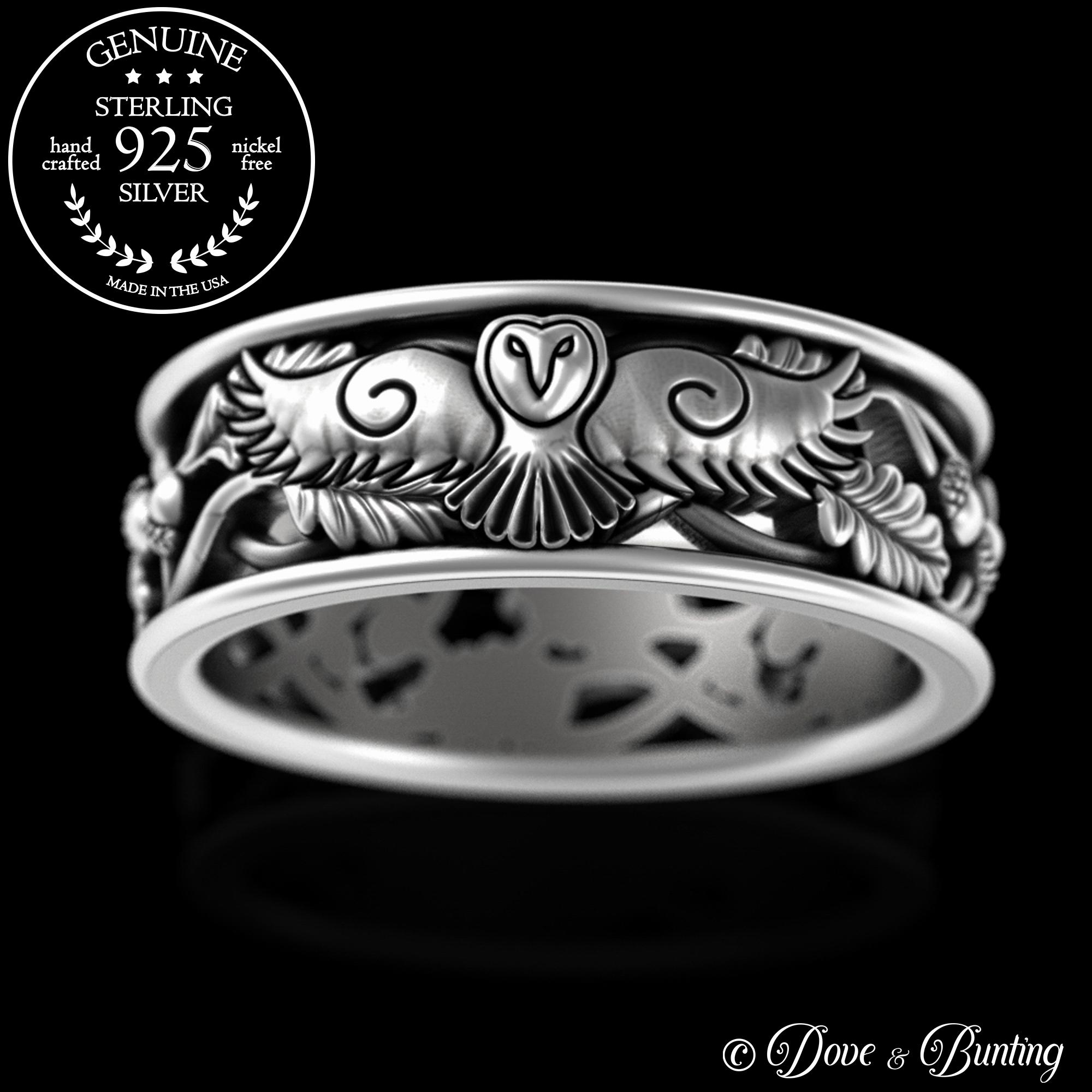 Owl Wedding Band, Mens Sterling Flying Owl Ring, Silver Barn Owl Wedding Ring, Woodland Bird Nature