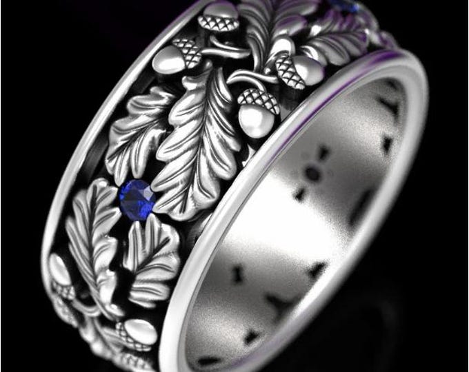 Sterling Sapphire Forest Ring, Oak Leaves Men's Wedding Band, Silver Acorn Pattern Ring, Groom Nature Marriage Vows, Pagan Tree Ring, 1611