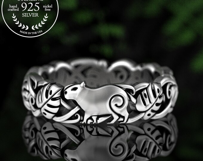 Sterling Capybara Ring, Silver Monstera Leaves Jewelry, Jungle Animal Wedding Band, 5567