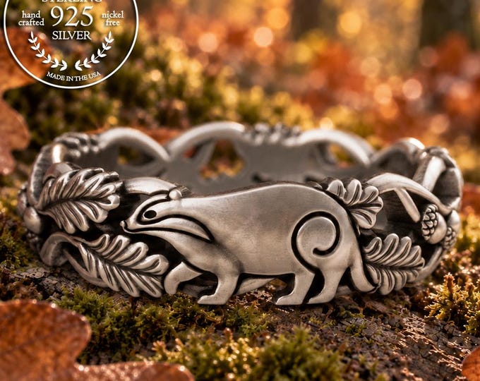 Sterling Badger Ring, Silver English Badger Wedding Band, Badger Spirit Animal, Autumn Forest Wedding, 925 Badger Jewelry, Brock Animal 5522