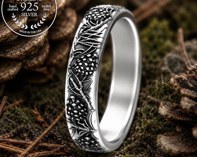 Silver Pine Needle Forest Wedding Band, Sterling Woman's Winter Wedding Theme Ring, Pinecone Nature Jewelry, Mountain Inspired Jewelry, 2061