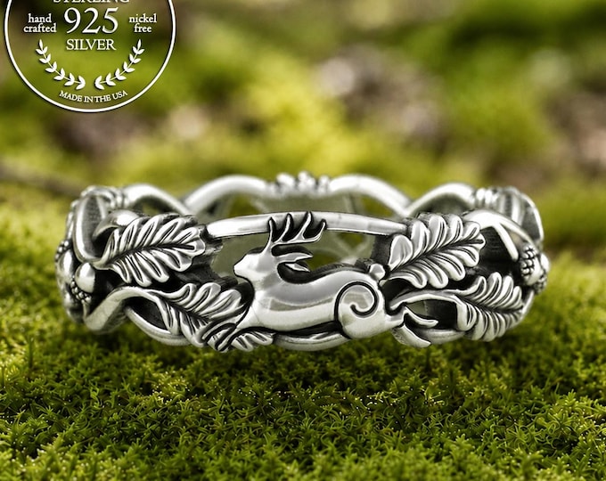Sterling Jackalope Ring, Antler Bunny Ring, Forest Rabbit Wedding Ring, Jackalope Jewelry, Womens Jackalope Ring, Hare Wedding Band, 5550