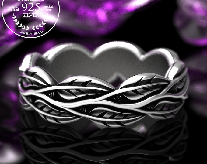 Sterling Tree Branch & Forest Leaves Wedding Band, Silver Weeping Willow Ring, Handmade Art Nouveau Jewelry, Carved Nature Ring, 2056
