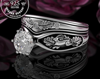 Bunny Stacking Solitaire Wedding Ring Set, Sterling & Moissanite Rabbit Matching Engagement Set, Bridal Forest Ring, Hare Jewelry, 5002 5014