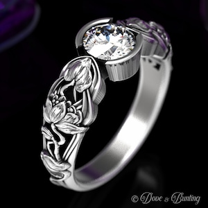 Moissanite & Sterling Engagement Ring, Moissanite Flower Ring, Art Nouveau Engagement Ring, Lotus Flower Ring, Flower Engagement Ring, 1659