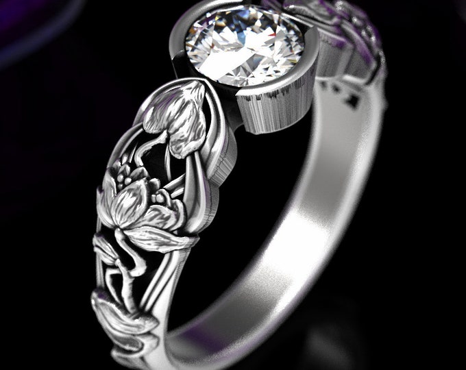 Moissanite & Sterling Engagement Ring, Moissanite Flower Ring, Art Nouveau Engagement Ring, Lotus Flower Ring, Flower Engagement Ring, 1659