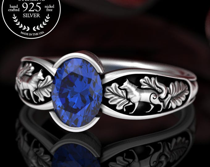 Sterling Silver Forest Wolves with Oval Bezel Engagement Ring - Your Choice of Stone, 5061