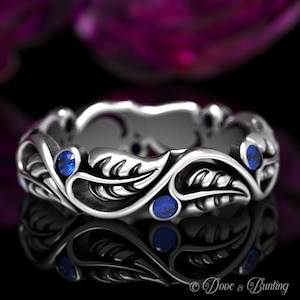 Sapphire Leaf Wedding Band, Sterling Leaf Ring, Leaf Ring, Art Nouveau Swirl Ring, Silver Nature Wedding Ring, Silver Plant Ring, 1626