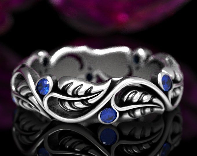 Sapphire Leaf Wedding Band, Sterling Leaf Ring, Leaf Ring, Art Nouveau Swirl Ring, Silver Nature Wedding Ring, Silver Plant Ring, 1626