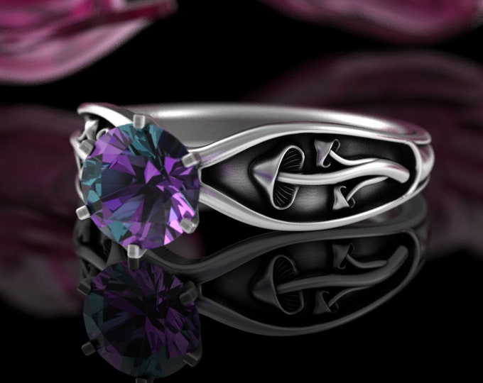 Alexandrite Mushroom Engagement Ring, 1 Carat Sterling Shroom Wedding Ring, Bridal Psychedelic Ring, Silver Botanical Woodland Ring, 5004