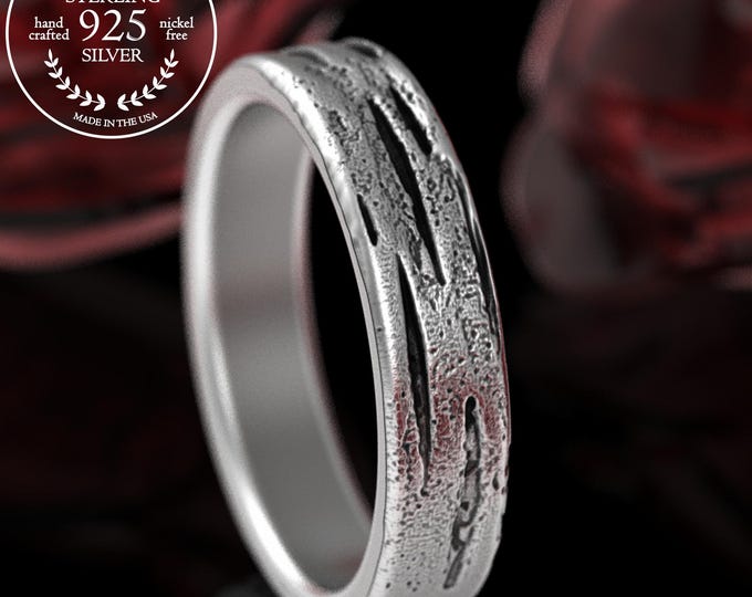 Sterling Woman's Aspen Tree Wedding Band, Birch Bark Wedding Ring, Silver Handmade Carved Beech Ring, Rustic Organic Forest Jewelry, 5221