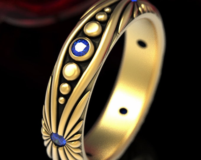 Gold & Sapphire Wedding Band, Sun Ray Ring, Gold Sun Ring, Gold Art Nouveau Wedding Ring, Sapphire Gold Wedding Ring, Gold Art Ring, 1537