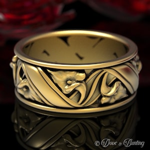 Gold Floral Wedding Ring, Lily Ring, Flower Wedding Band, Art Nouveau Wedding Ring, Nature Inspired Ring, White Gold Art Nouveau Ring, 1514