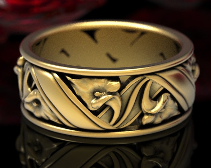 Gold Floral Wedding Ring, Lily Ring, Flower Wedding Band, Art Nouveau Wedding Ring, Nature Inspired Ring, White Gold Art Nouveau Ring, 1514