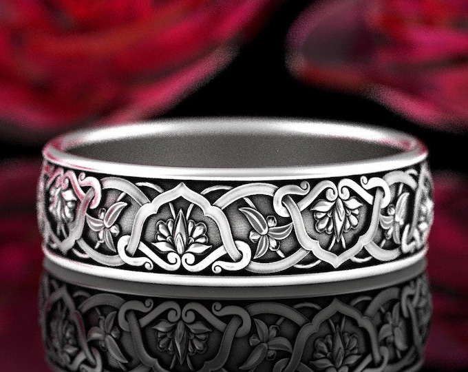 Sterling Silver Flower Ring, Art Nouveau Ring, Botanical Wedding Ring, Nature Wedding Ring, Flower Wedding Ring, Flower Wedding Band, 1903