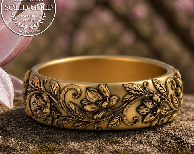 Gold Magnolia Flower Wedding Band, 18K Western Floral Design Wedding Ring, 14K White Gold Southern Bride Ring, Platinum Art Nouveau, 5065