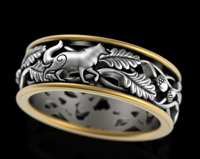 2tone Men's Wolf Botanical Forest Ring, Sterling & 10K Gold Groom Wolf Wedding Band, Silver Gold Acorn Animal Ring, Nature Marriage, 5801
