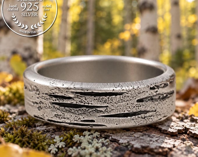 Groom's Sterling Aspen Tree Wedding Ring, Silver Birch Bark Wedding Band, Beech Forest Ring, Botanical Rustic Jewelry, 5222