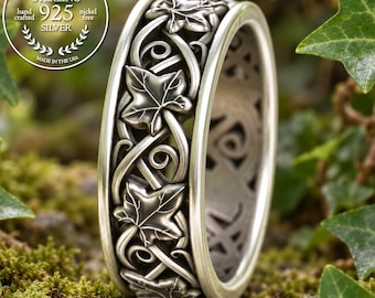 Sterling Men's Ivy Leaves Wedding Ring, Silver Botanical Forest Groom Ring, Nature Jewelry, 5713