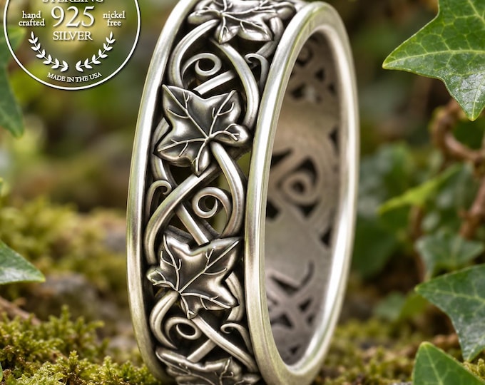 Sterling Men's Ivy Leaves Wedding Ring, Silver Botanical Forest Groom Ring, Nature Jewelry, 5713