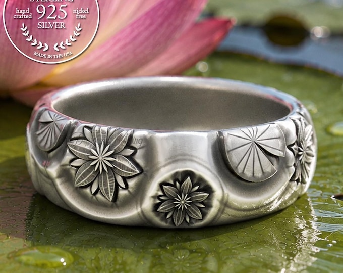 Sterling Lotus Wedding Ring, Lily Pad Ring, Zen Wedding Ring, Silver Art Nouveau Ring, Floral Wedding Band, Water Ring, Buddhist Ring, 1474