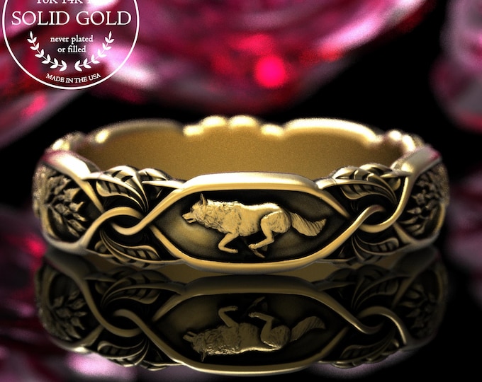 18K Gold Wolf Wedding Ring, 10K Wild Wolf & Forest Ring, 14K White Gold Canine Ring, Warg Fantasy Wedding Band, Fenrir Yggdrasil Ring, 2037