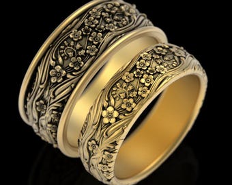 Gold Matching Forget-me-not Wedding Ring, His Hers 10K 14K Art Nouveau Floral Ring Set, Platinum Botanical Flower Wedding Band Set, 284 5035