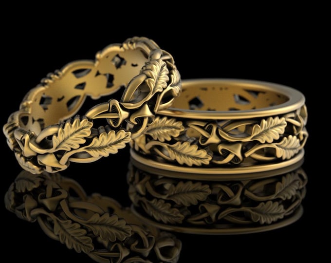 Gold or Platinum Matching Mushroom Wedding Set, 10K 14K His Hers Shroom Rings, Botanical Handfasting Rings, Gold Nature Pagan Set, 5301 5302