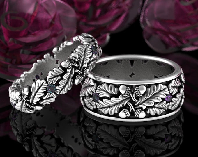 Alexandrite Oak Ring Set, Sterling Tree Wedding Rings, Silver Nature Wedding Bands, Matching Forest Wedding Rings, Oak Ring Set, 1612 1611