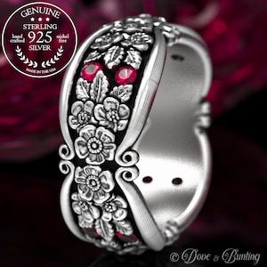 Forget-me-not Wedding Band, Ruby + Sterling Wedding Ring, Ruby Floral Ring, Flower Wedding Band, Nature Inspired Ring, Silver Flower, 184-R4