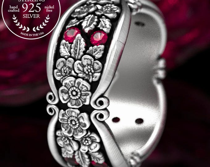 Forget-me-not Wedding Band, Ruby + Sterling Wedding Ring, Ruby Floral Ring, Flower Wedding Band, Nature Inspired Ring, Silver Flower, 184-R4