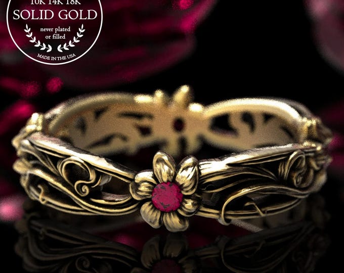 Gold Art Nouveau Flower Ring, 10K 14K 18K Gold Platinum, Ruby Flower Wedding Band, Unique Ruby Flower Wedding Ring, Ruby Daisy Ring, 5018