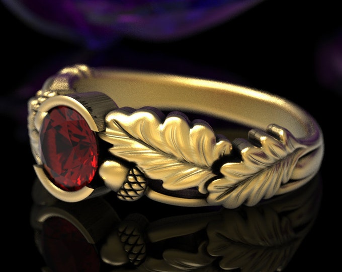 Gold Acorn Ring, Gold Ruby Engagement Ring, Nature Engagement Ring, Gold Leaf Wedding Ring, Oak Tree Ring, Gold Tree Wedding Ring, 1603