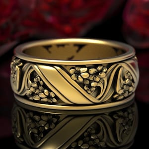 Lily Wedding Band, Gold Floral Wedding Ring, Flower Wedding Ring, Art Nouveau Wedding Ring, Nature Inspired Ring, Flower Ring, 1520