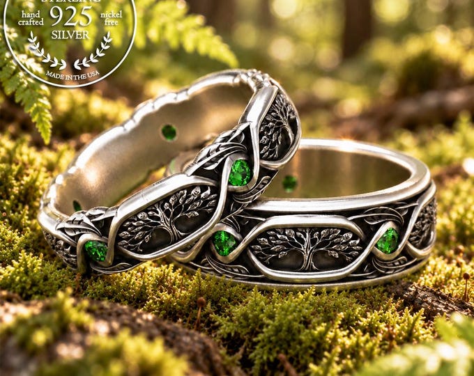 Matching Emerald Tree Wedding Ring Set, Sterling Forest His Hers Rings, Botanical Bride Groom Wedding Bands, Pagan Handfasting, 2003 2004