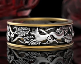 Sterling + 10K Gold Fox Wedding Band, 2tone Men's Fox Ring, Two Tone Nature Ring, Gold Silver Fox Ring for Man, 2tone Acorn Oak Leaves, 5811