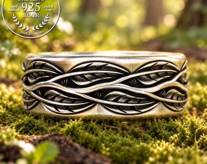Men's Forest Marriage Ring, Groom's Sterling Nature Inspired Ring, Silver Tree Leaves Wedding Ring, 925 Woven Branches Statement Ring, 2057