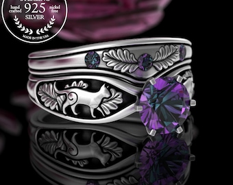 Alexandrite Stacking Cat Engagement Ring Set, Sterling Brides Wedding Ring Set, 925 Fitted Kitty Cat Solitaire Wedding Ring Pair, 5010 5014