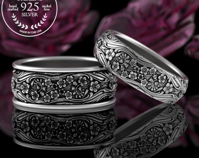 Matching Forget-me-not Wedding Ring, Sterling Silver Art Nouveau Floral Ring Set, Flower Wedding Band, 284 5035