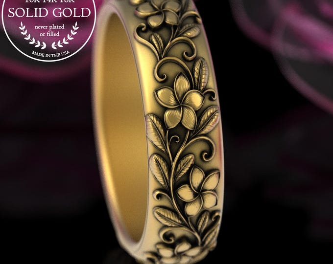Woman's Gold Plumeria Wedding Band, 14K Hawaiian Flower Ring, 10K Tropical Floral Ring, Platinum Island Botanical Jewelry, 5228