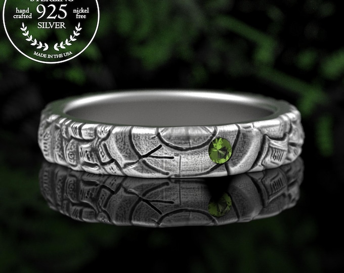 Sterling Bridal Peridot Forest Ring, Peridot Tree Bark Wedding Band, Family Tree Ring with Textured Woodgrain, Green Pagan Jewelry, 5216